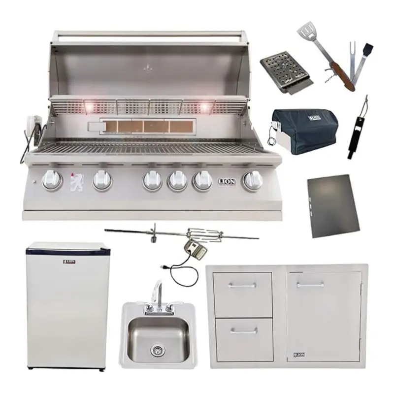 Lion All-In-One Outdoor Kitchen Package: 40" L90000 Grill, Door/Drawer Unit, Sink, Fridge & 5-Piece Tool Set (198540) 1