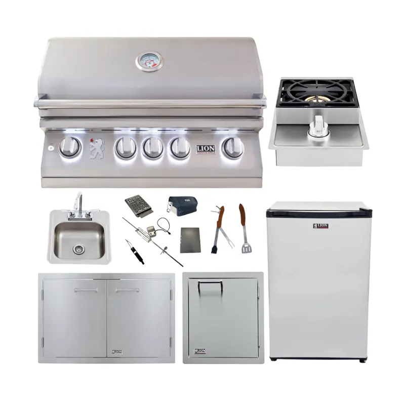 Lion Complete Outdoor Kitchen Bundle: 32" L75000 Grill, 33" Double Door, Side Burner, Vertical Door, Sink, Fridge & Tools (Bobpacl75K-18) 1