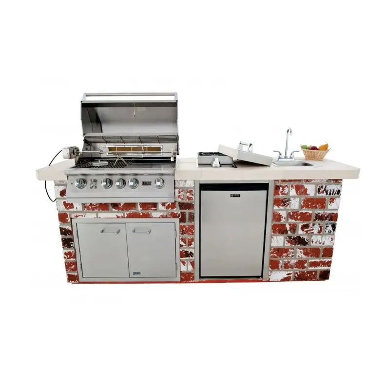 Lion Premium Q 8-Foot Outdoor Kitchen Island With Gas Grill, Side Burner, Sink & Refrigerator 1